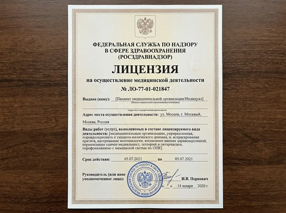 Лицензия на осуществление медицинской деятельности № ЛО-77-01-021847, выданная Росздравнадзором, официальный документ с печатями, бежевый фон, высокое разрешение